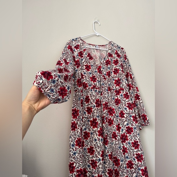 Waist-Difined Bell-Sleeve Faux-Wrap Dress for Women, red floral, Size L - Picture 5 of 11